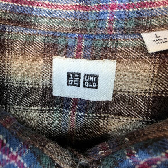 Uniqlo Shirt Womens Large Brown Beige Plaid Button Down Long Sleeve 100% Cotton - Picture 2 of 13